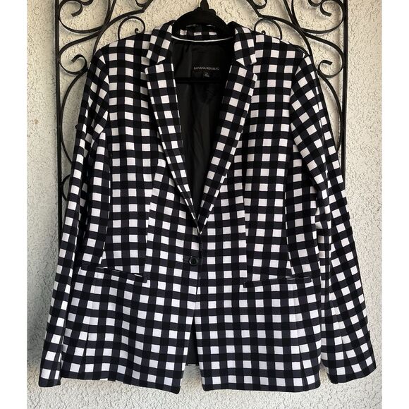 Banana RepublicGingham 1 Button Blazer - Size 14 / White/Black - Picture 4 of 13